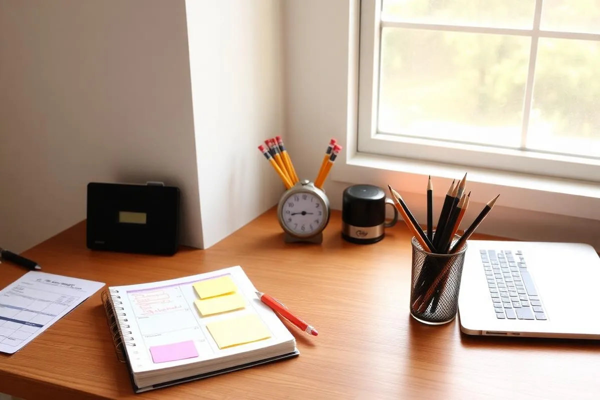 A desk with an open paper planner, sticky notes, and a timer
